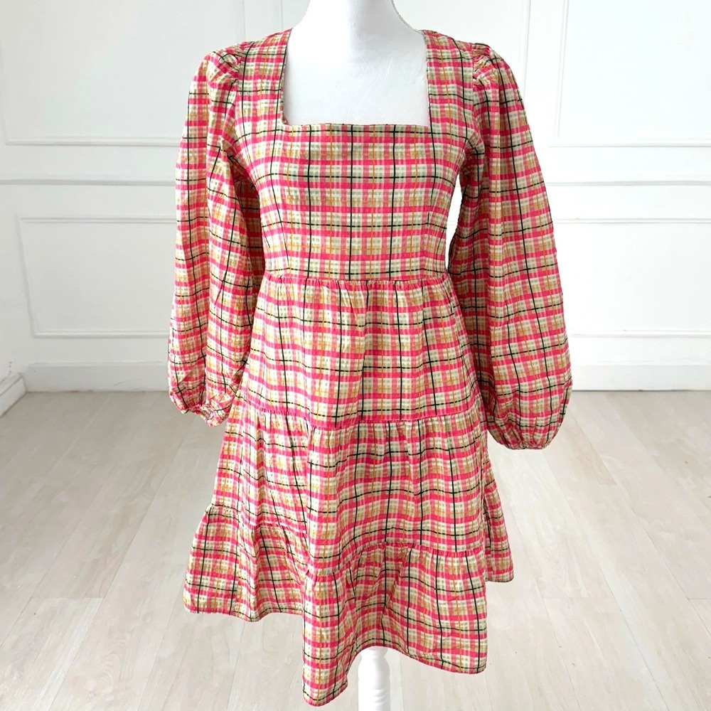 Topshop Plaid Mini Dress Womens 8 Pink Square Neck Puff Sleeve Tiered Smock Back